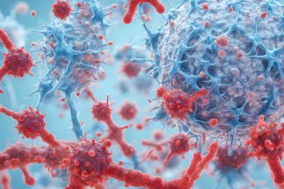 3D-Illustration in blau und rot: HI-Viruszellen, die einen DNA-Strang angreifen