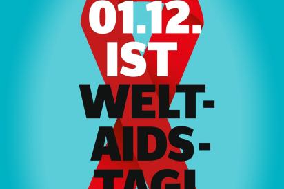 Rote Schleife mit Schrift: Am 1.12. ist Welt-Aids-Tag