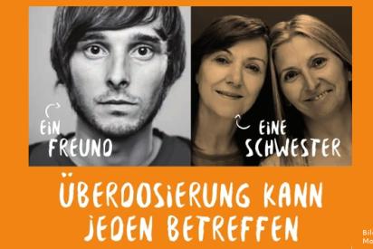 Grafik mit der Aufschrift "Überdosierung kann jeden betreffen. Ein Freund. Eine Schwester."
